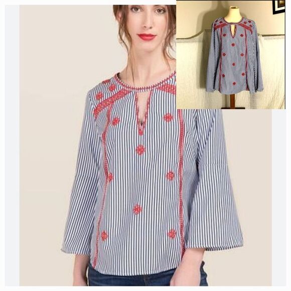 Gibson Latimer NWT Striped and Embroidered Blouse  Size XL - Picture 1 of 11